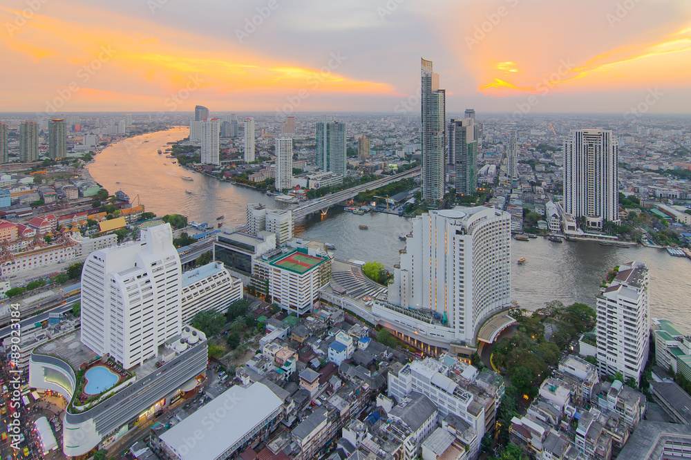 Bangkok cityscape from top view with river.