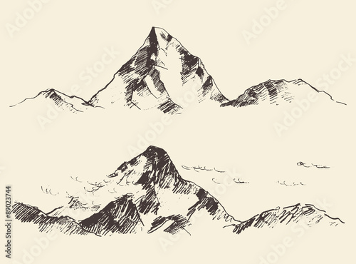 Mountains sketch contours engraving drawn vector