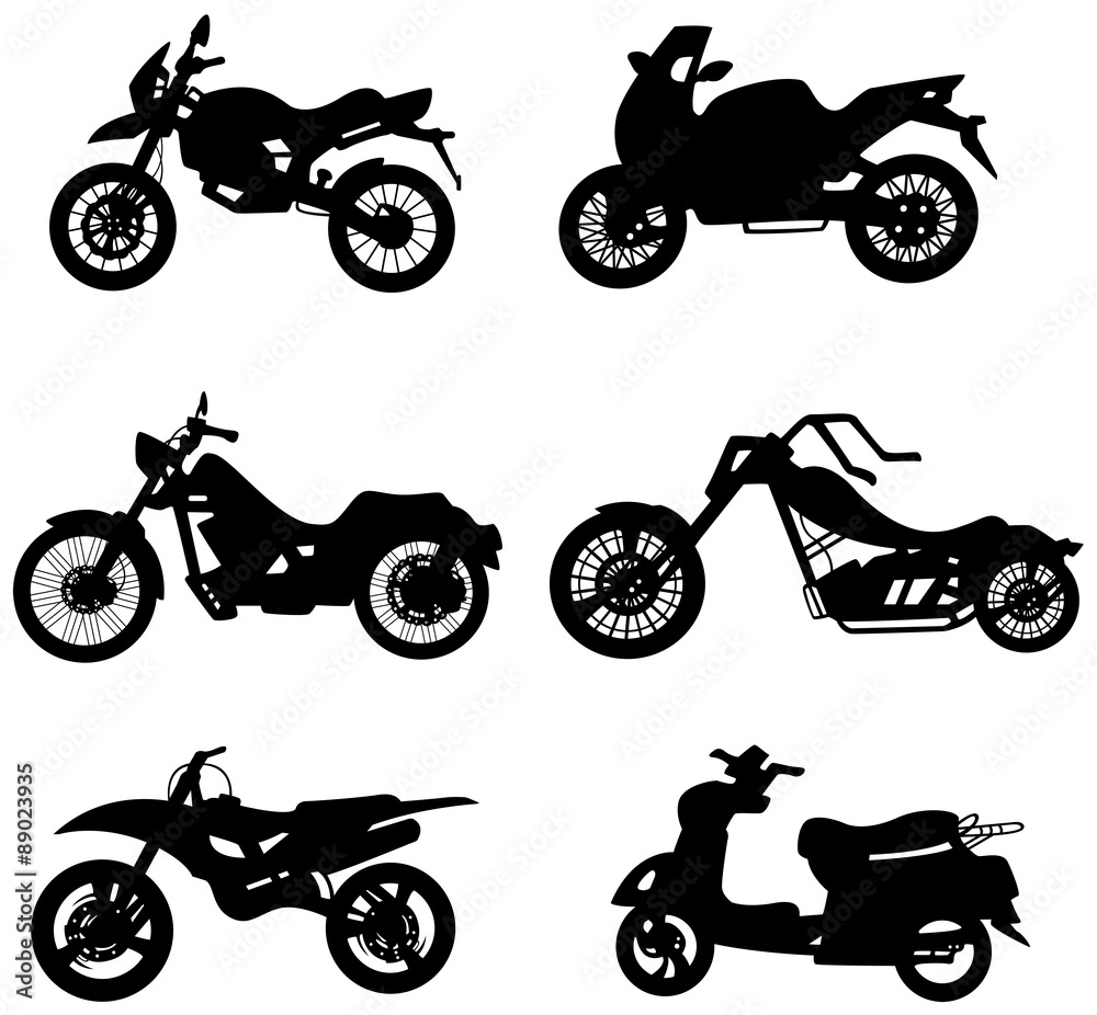 Obraz premium Sylwetka motocykle i ikona rower rowerowy w na białym tle, tworzenie przez wektor