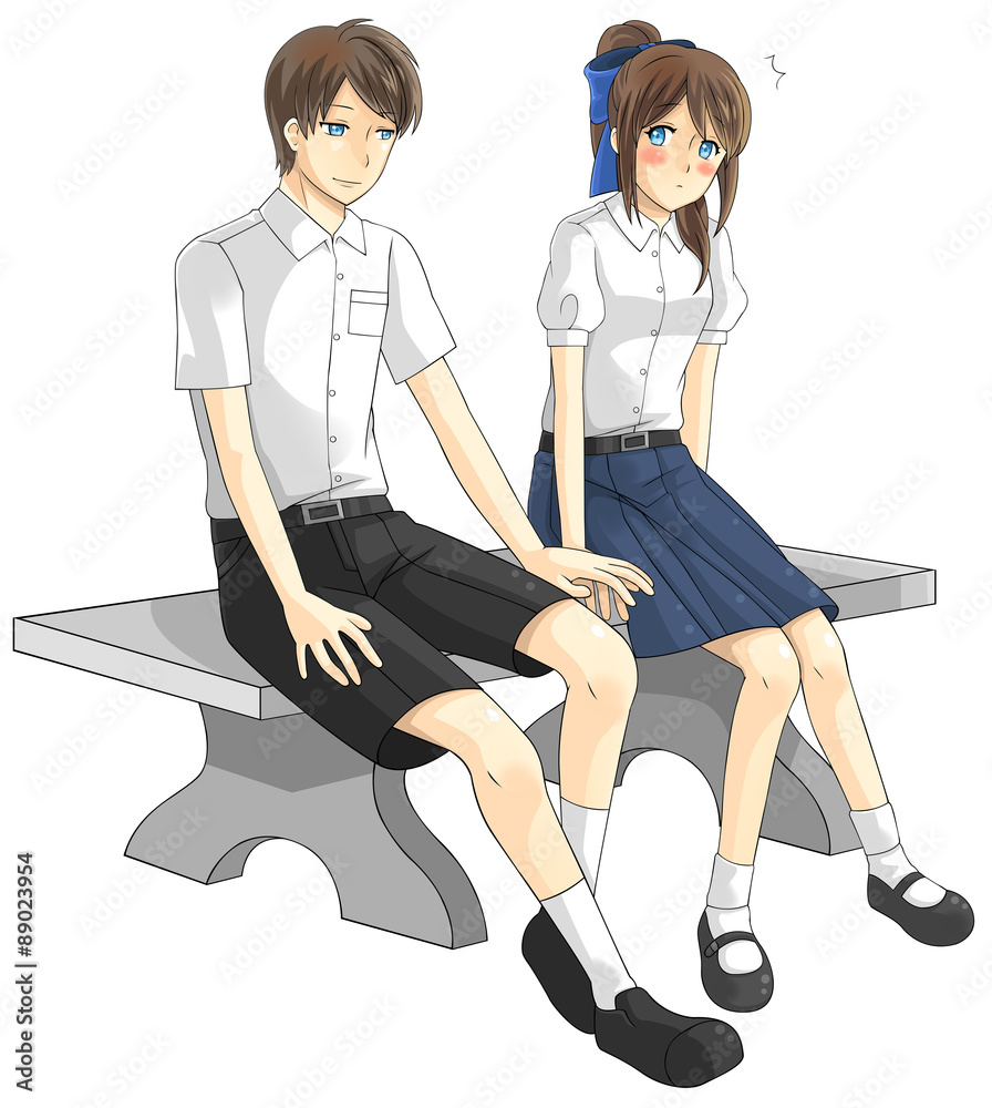 Cute cartoon Asian Thai student couple in government high school uniform is  expression teenage love as a boyfriend and girlfriend on the bench in  isolated background, create by vector Stock Vector |