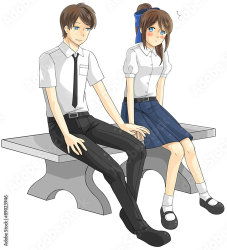Cute cartoon Asian Thai college student and high schoolgirl couple in school uniform is expressing teenage love as a boyfriend and girlfriend on the bench in isolated background, create by vector