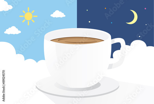 Coffee cup on cloud at day and night background.This is illustration about drink coffee 