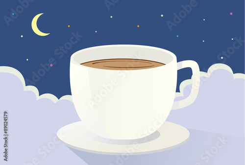 Coffee on the cloud at night. This is illustration about drink coffee because sleepless