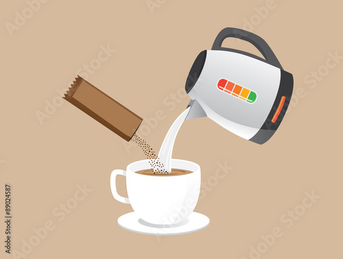 Making instant coffee with pour hot water and coffee powder in a cup at the same time.