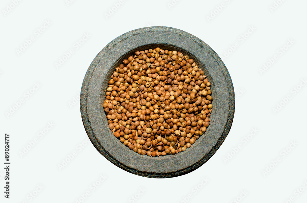 Coriander in stone spice grinder, isolated on white Coriander in stone spice grinder, isolated on white