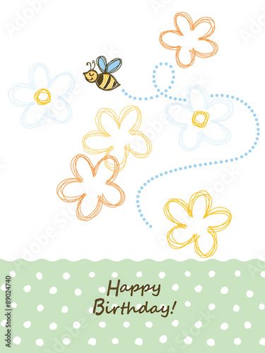 Vector Eps10 illustration. Birthday card honeybee green