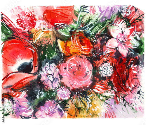 red bouquet with poppy, roses, buttercups/ watercolor painting