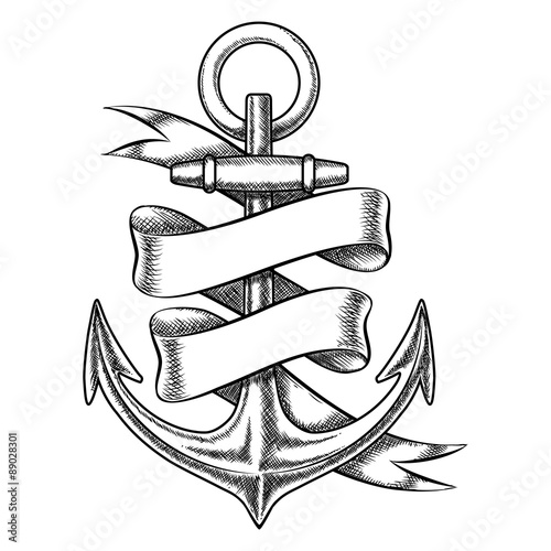 Valokuvatapetti Vector hand drawn anchor sketch with blank ribbon