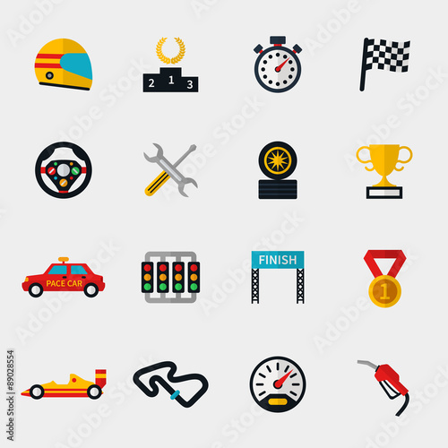 Race car track and racing flag modern flat icons