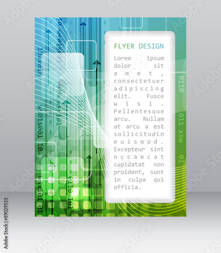 Business flyer template with abstract technological pattern, square and arrows