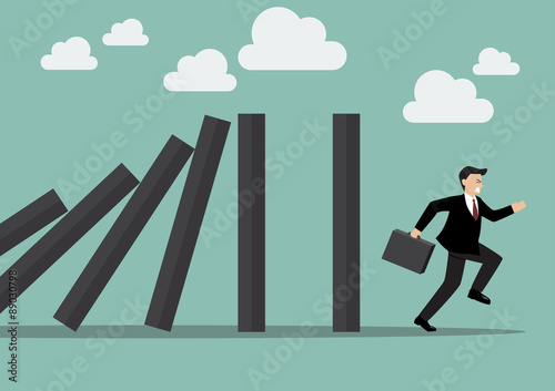 Businessman run away domino effect