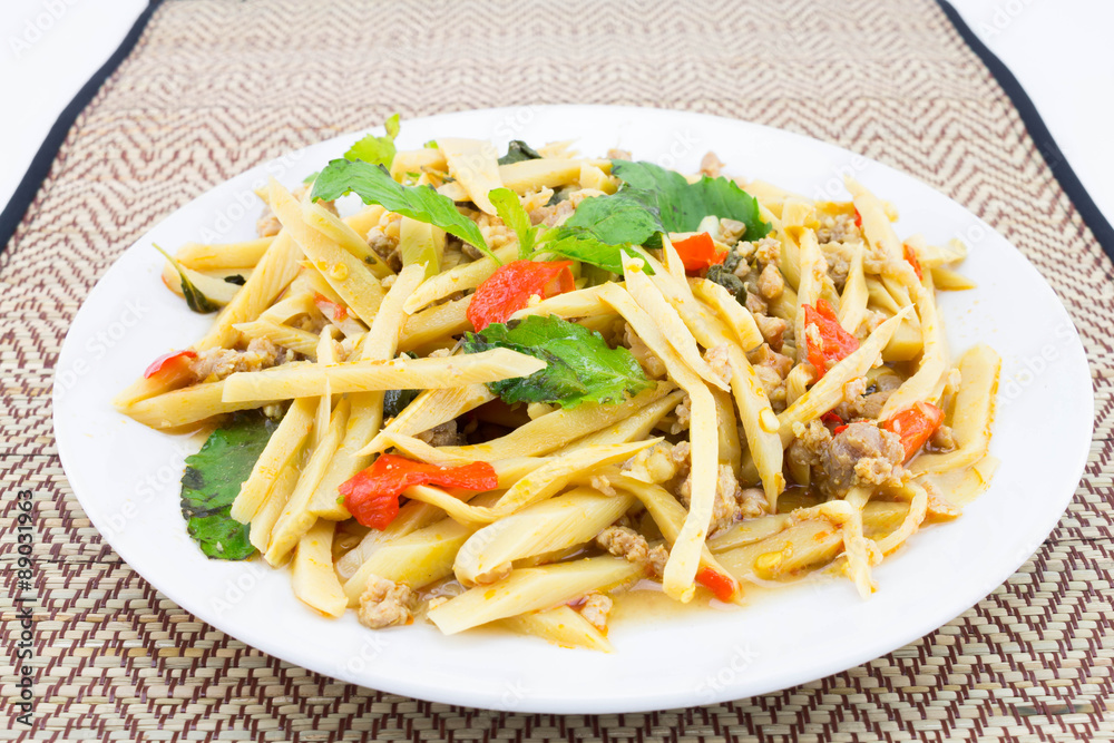 Fried bamboo shoot with pork and spicy ingredient,asian food Fried bamboo shoot with pork and spicy ingredient,asian food