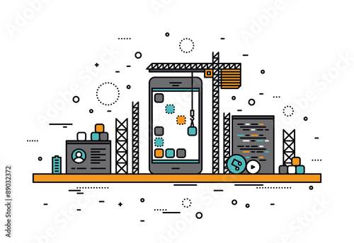 Mobile apps construction line style illustration