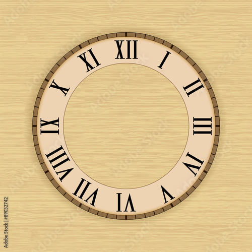 Vintage Roman numeral clock on wood texture