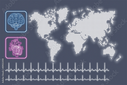 World map with a diagram of diseases