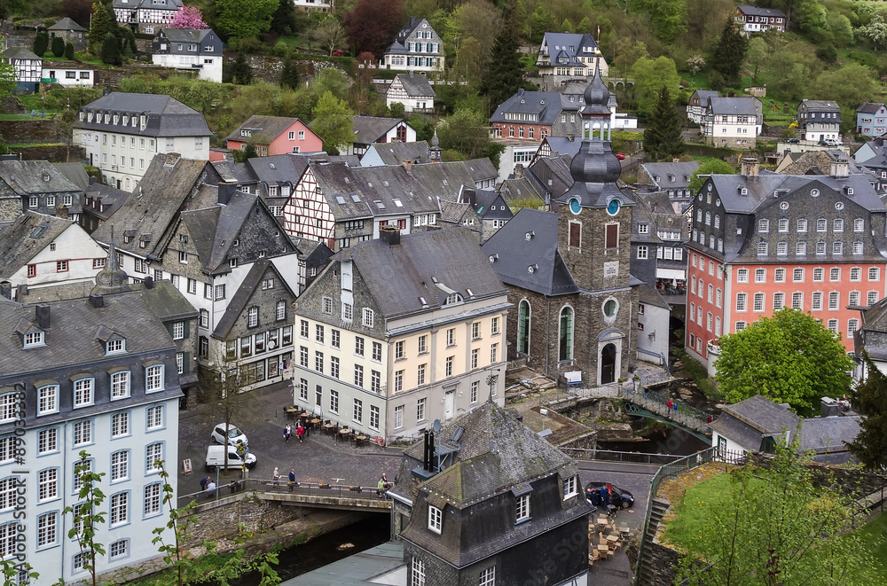 Fototapeta premium view of Monschau town centre from hill, Germany