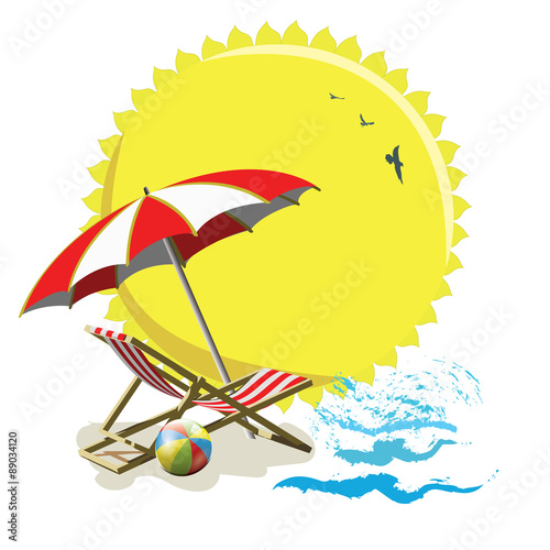 deckchairs and umbrella with sun