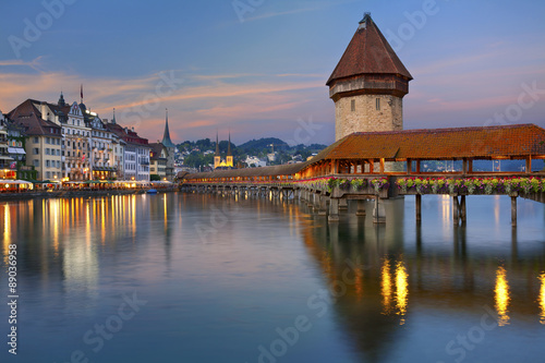 Lucerne. Image of Lucerne, Switzerland during twilight blue hour. © rudi1976
