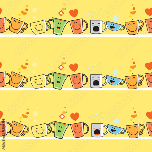 Vector seamless pattern with cute cartoon cups standing on shelves. Anthropomorphous cups on a yellow background.