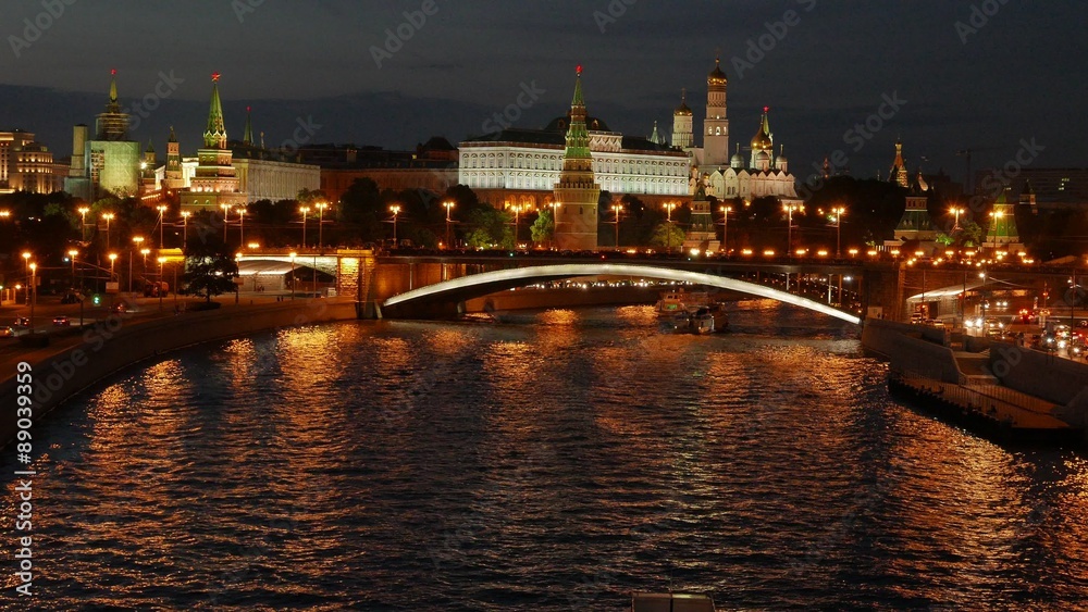 Night view of the Kremlin, Big Stone Bridge, Moscow River with Night view of the Kremlin, Big Stone Bridge, Moscow River with