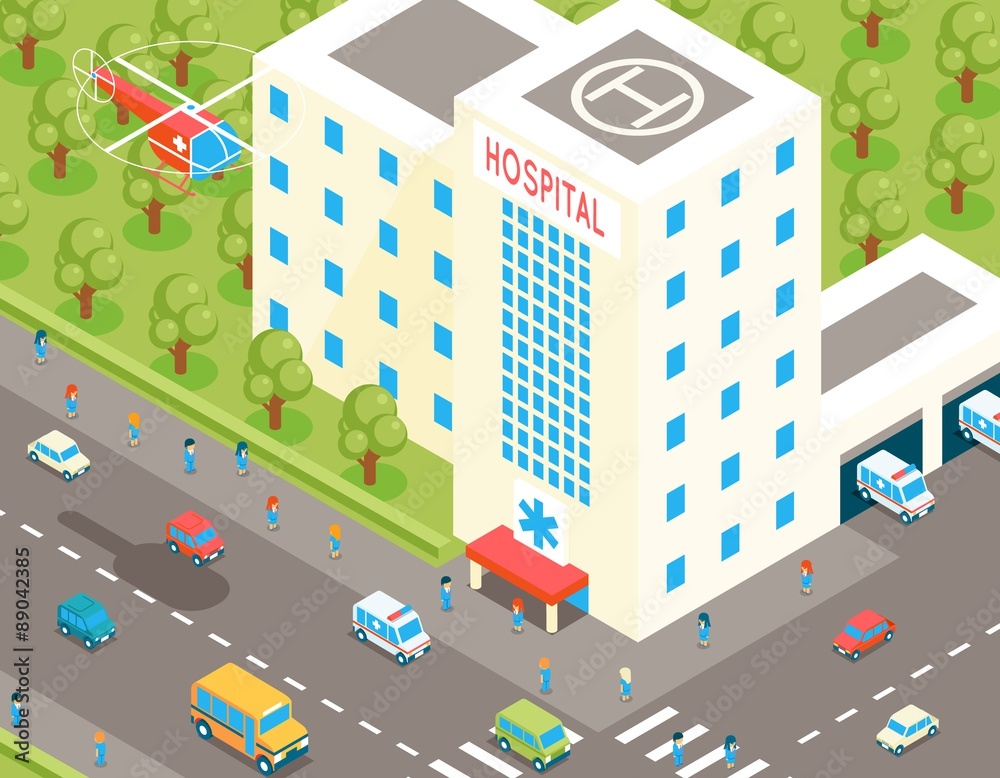 Isometric hospital and ambulance building with parking 3d cars