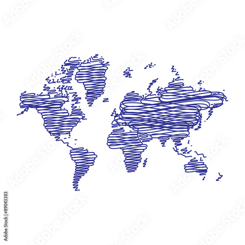 Pen art sketch, drawing, world map, illustration, vector