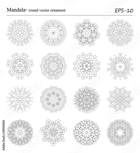 Round geometric ornaments set of had drawn doodle mandalas.