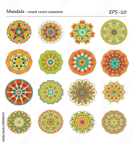 Round geometric ornaments set of had drawn doodle mandalas.