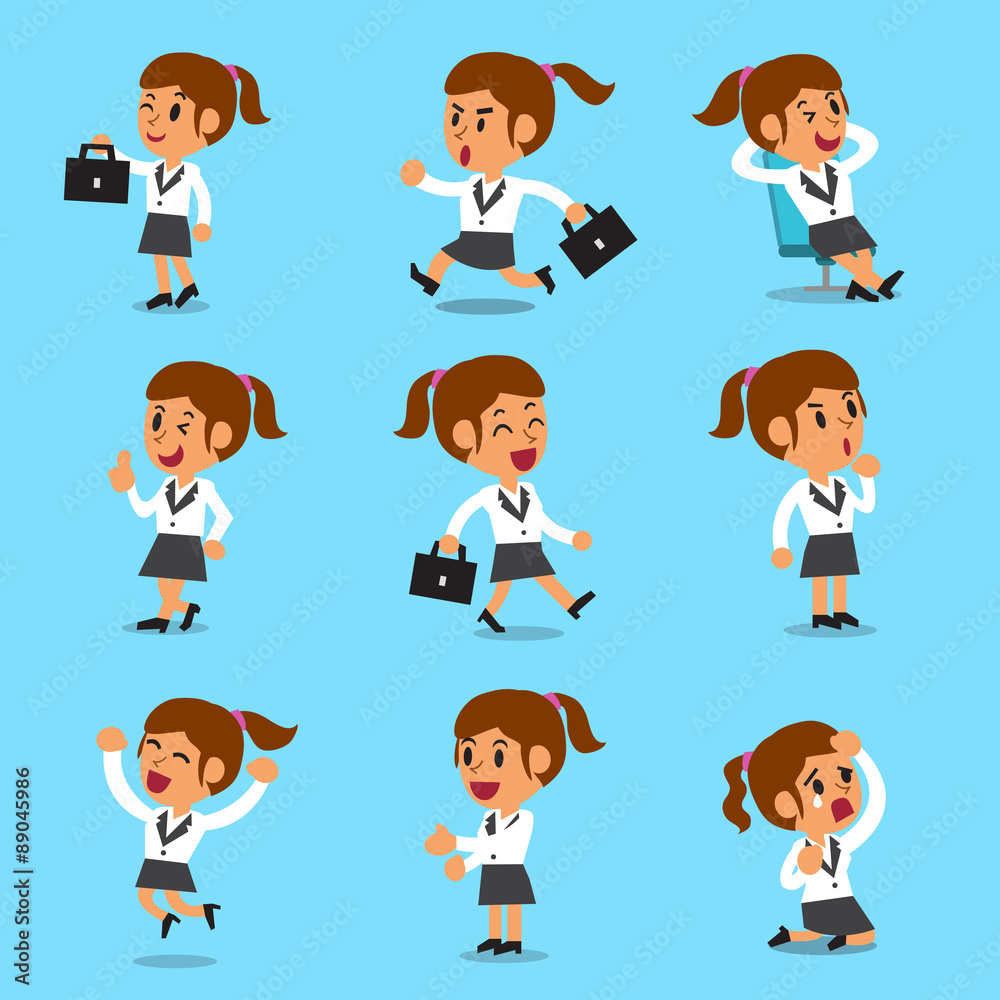 Cartoon businesswoman character poses for design.