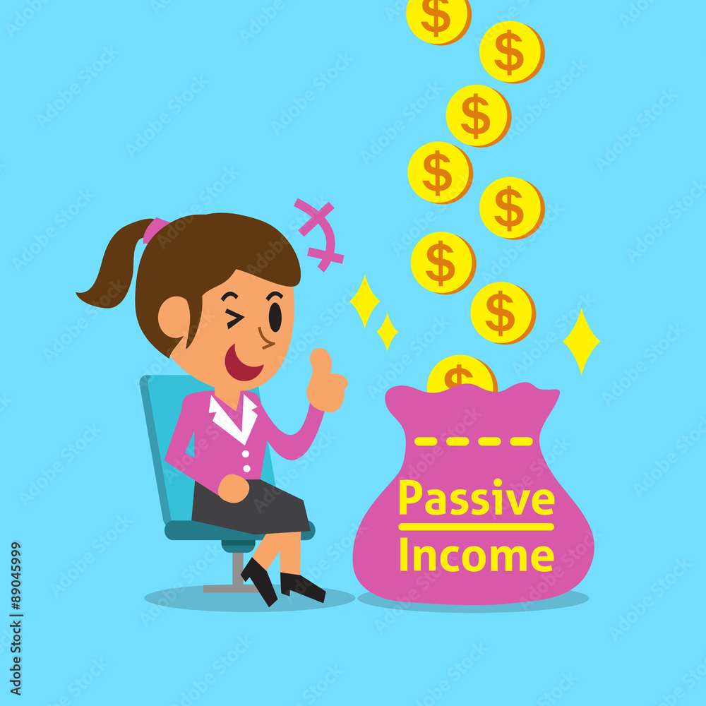 Cartoon businesswoman earning passive income for design. Cartoon businesswoman earning passive income for design.