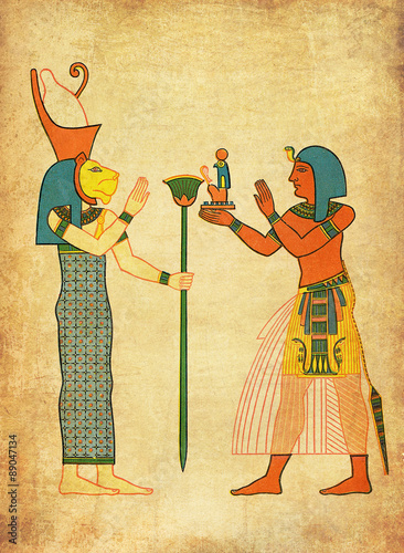 Antique Egypt - painting of goddess Sekhmet and pharaoh Ramses