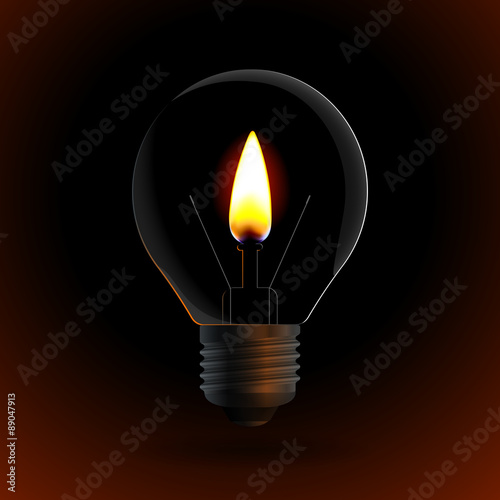 lightbulb with fire candle on dark background