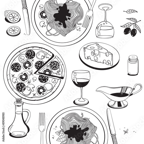 Hand drawn objects on italian food theme: pizza, pasta, tomato,