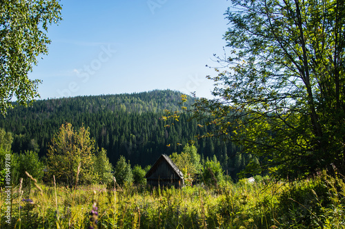 пейзаж с деревянным домиком на фоне горы photo