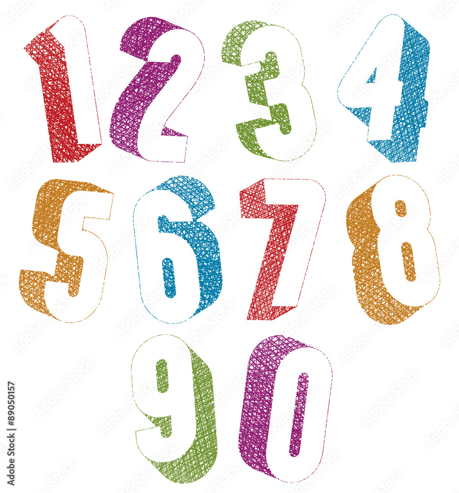 Retro style 3d bold numbers set with hand drawn lines texture. Retro style 3d bold numbers set with hand drawn lines texture.