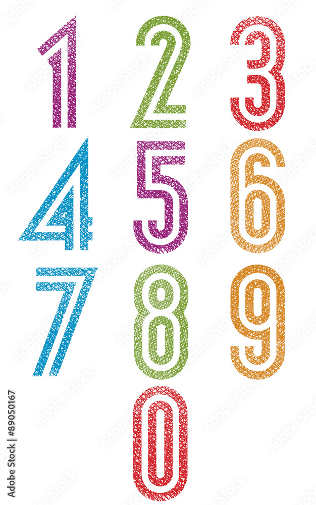 Retro style double line geometric numbers set with hand drawn li Retro style double line geometric numbers set with hand drawn li