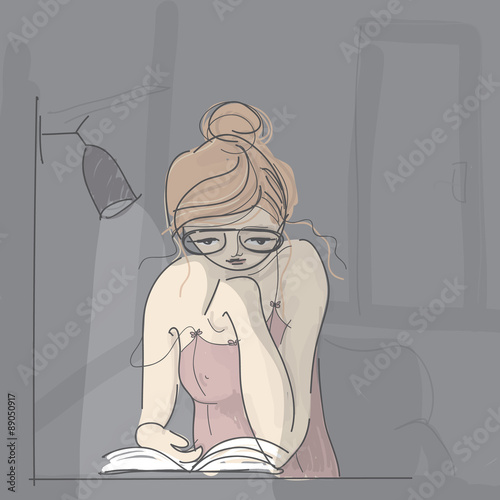 Study at night / Sketch of the young girl with a book  