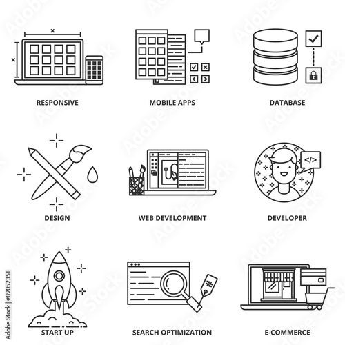Web development and design vector icons set modern line style