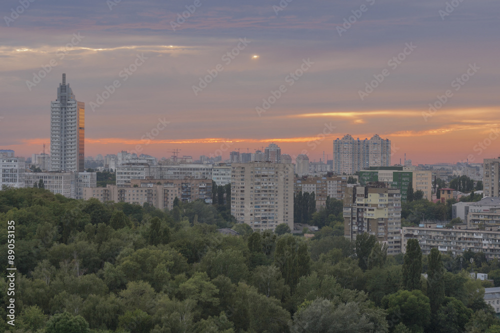 Kiev cityscape at sunset, Ukraine