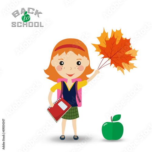 Back to school design. schoolgirl with a book and maple leaves-
