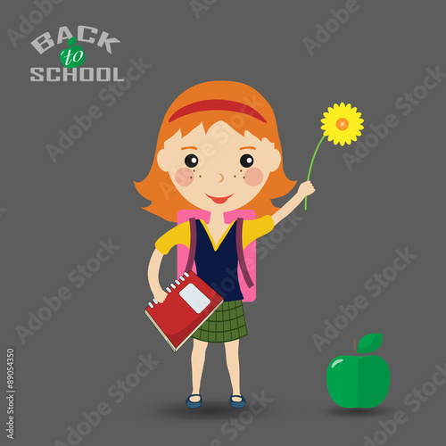 Back to school design. schoolgirl with book and flower - Vector