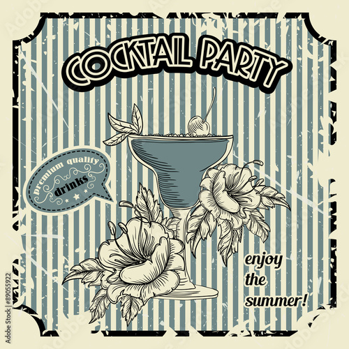 Vintage "cocktail party" poster with cocktail, tropic flowers and typography elements. Retro banner or invitation card. Hand drawn vector illustration in sketch style
