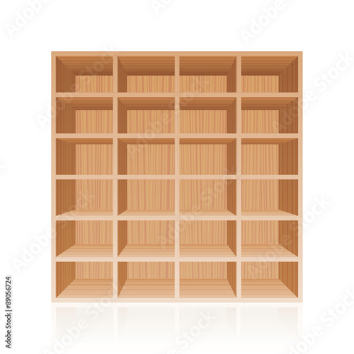 Rack or bookshelf - wooden texture optic - with twenty four empty cubbyholes. Isolated vector illustration on white background.