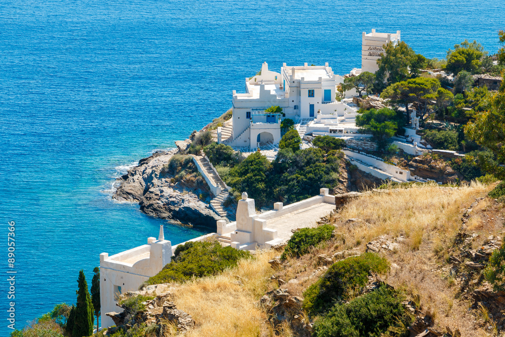 Hotels on the sea side on Ios island, Greece - obrazy, fototapety, plakaty 