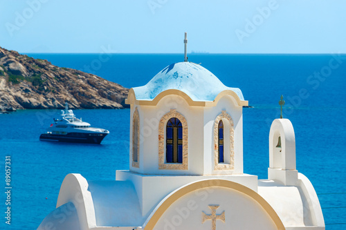 Small Greek church with blue dome