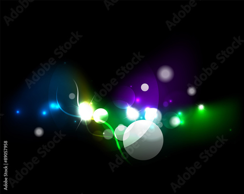 Fototapeta Naklejka Na Ścianę i Meble -  Glowing shiny bubbles and stars in dark space