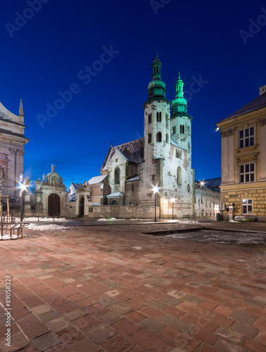 Krakow, Poland, romanesque church of Saint Andrew on Mary Magdalene square in blue hour, winter morning. #89058328