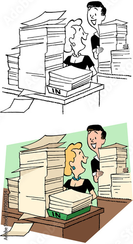 Two busy female office workers with stacks of paper.