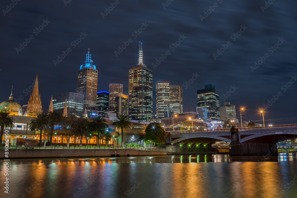 Night time, Melbourne city and Princess Bridge, Victoria, Australia.
