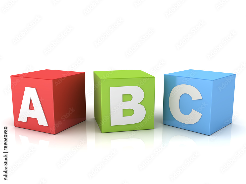 3d a b c letters on red green blue boxes isolated over white background  with reflection Illustration Stock | Adobe Stock